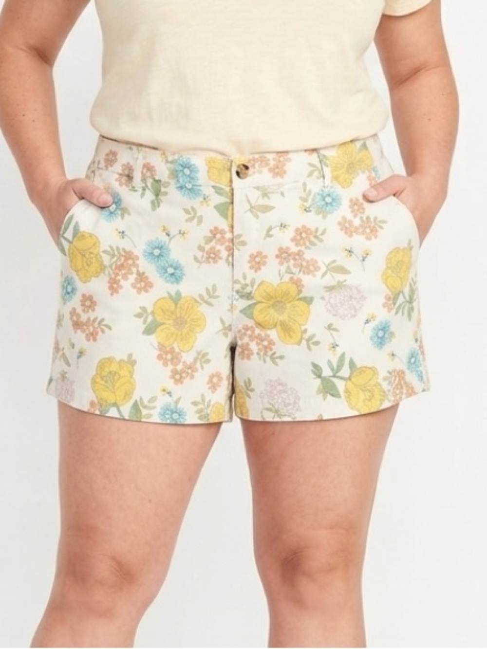a.n.a‎ women’s Floral Cotton Shorts - Cream with Yellow & Teal Flowers Sz. 18.
